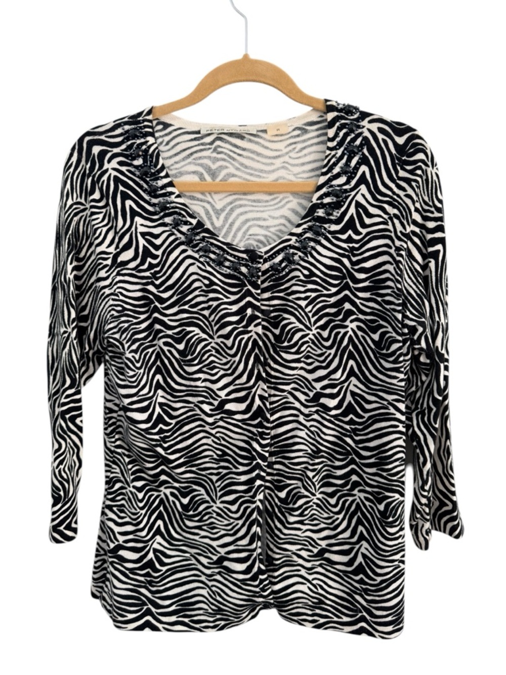 Peter Nygard Vintage Zebra Print Scoop Neck Cardigan Sweater - Black & White